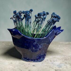 Currey & Company Style Bird Vase COBALT Blue Glazed Pottery Centerpiece Decor